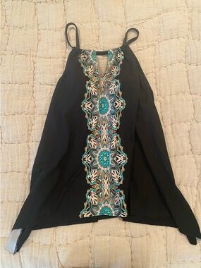 Miraclesuit Black Swim Top with Turquoise Embroidered Accent